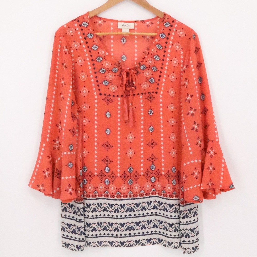Southwestern Boho Tunic Top Womens Vacation Resort Bell Sleeve Lace Up‎ Size L
